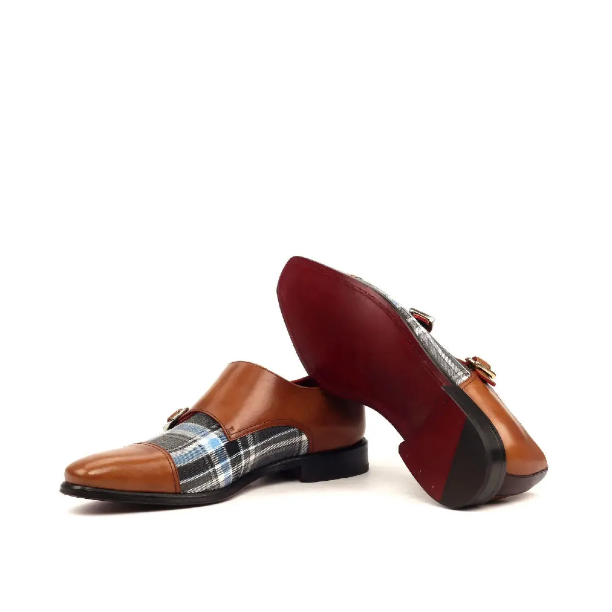DapperFam Monaco in Plaid / Dark Brown / Med Brown Men's Sartorial & Italian Leather Double Monk