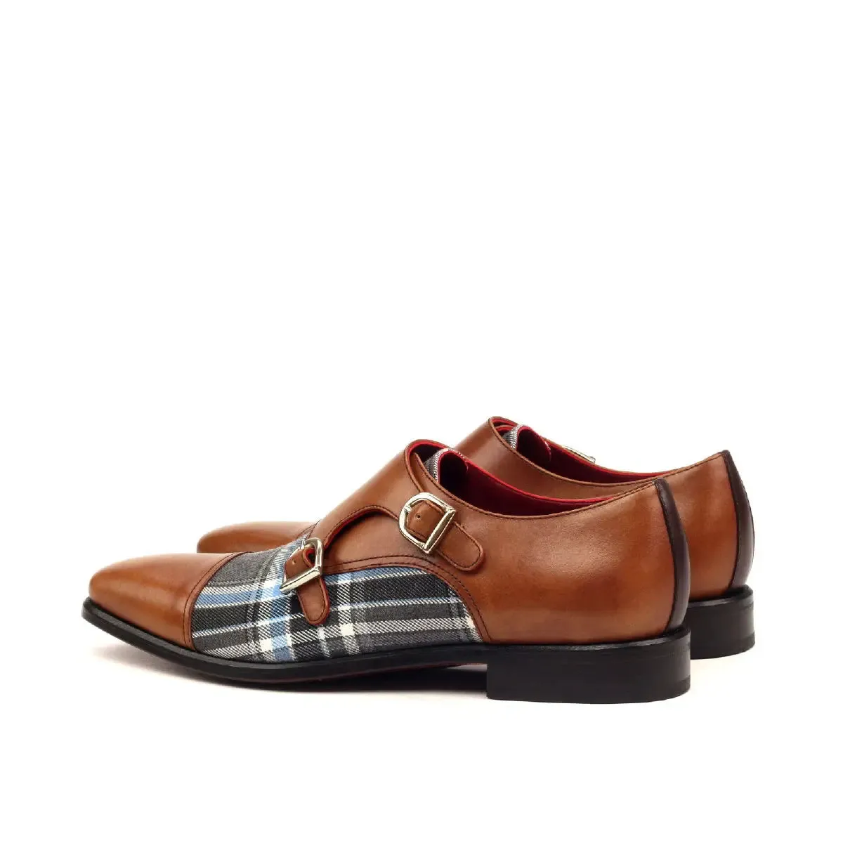 DapperFam Monaco in Plaid / Dark Brown / Med Brown Men's Sartorial & Italian Leather Double Monk