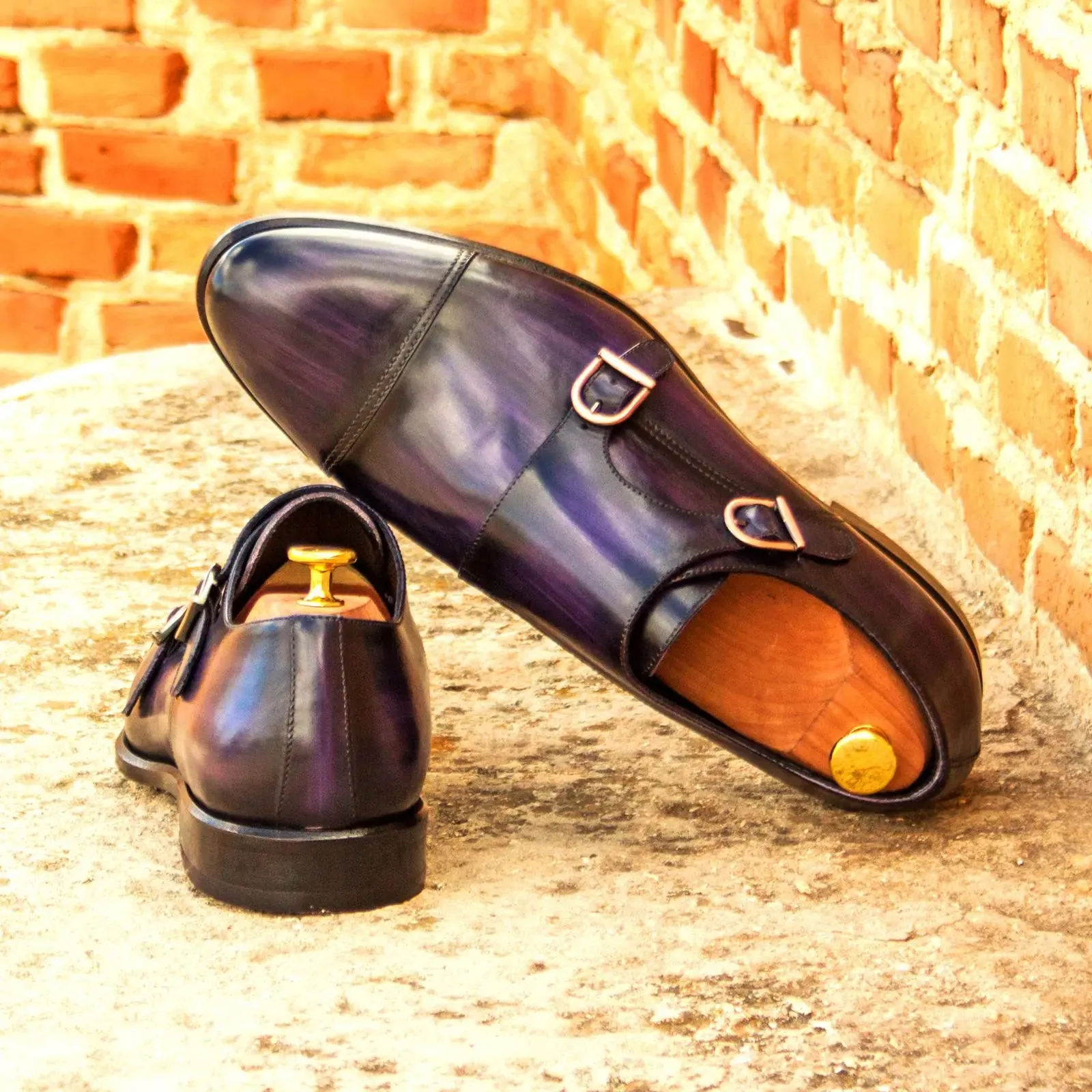 DapperFam Monaco in Purple Men's Hand-Painted Patina Double Monk