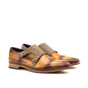 DapperFam Monaco in Tweed / Cognac Men's Sartorial & Hand-Painted Patina Double Monk