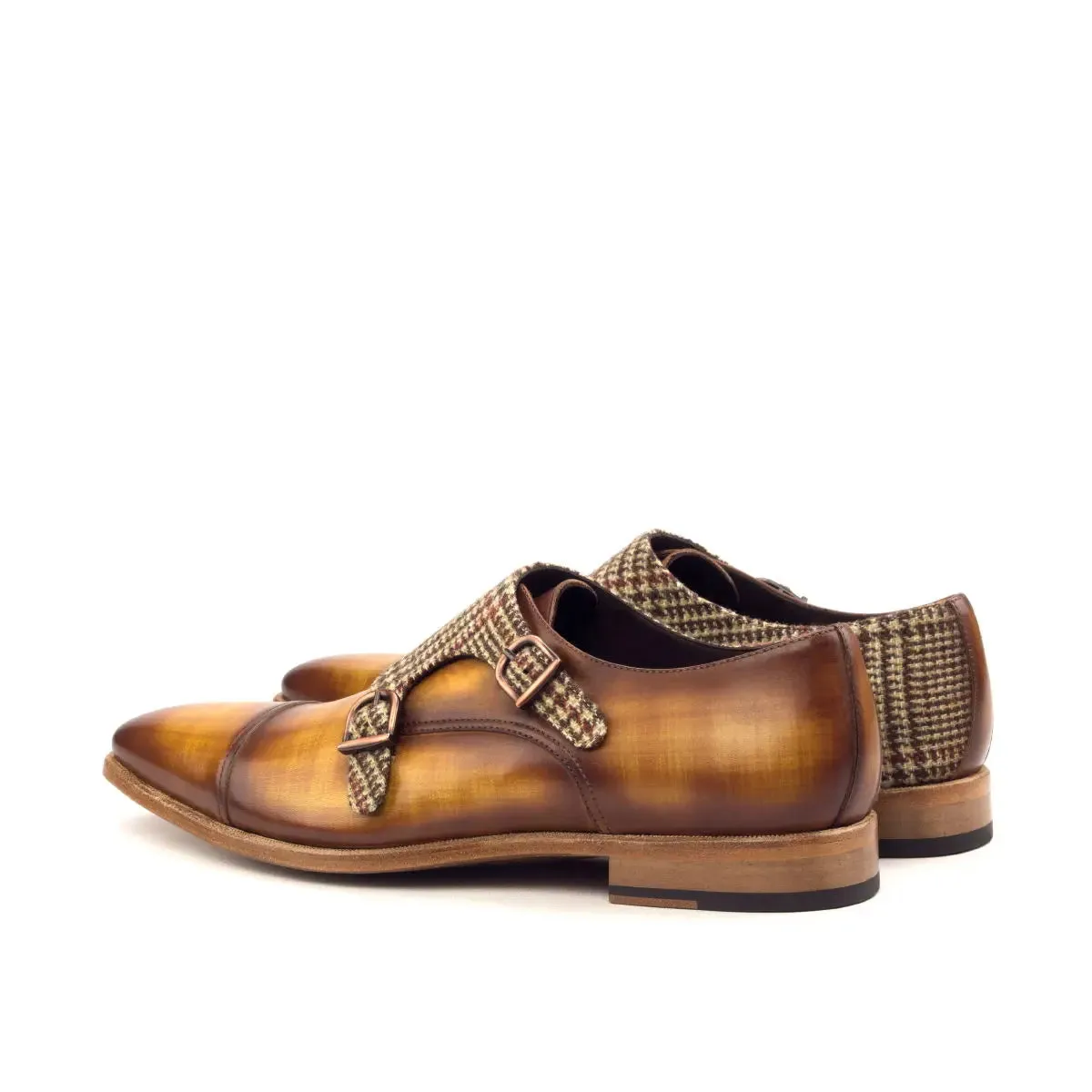 DapperFam Monaco in Tweed / Cognac Men's Sartorial & Hand-Painted Patina Double Monk