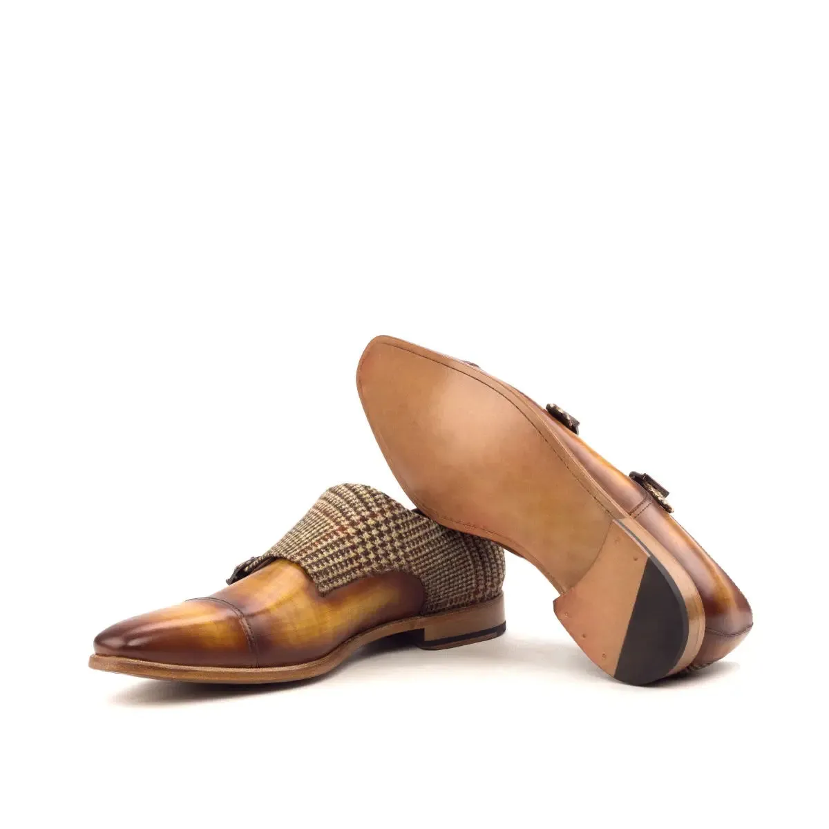 DapperFam Monaco in Tweed / Cognac Men's Sartorial & Hand-Painted Patina Double Monk