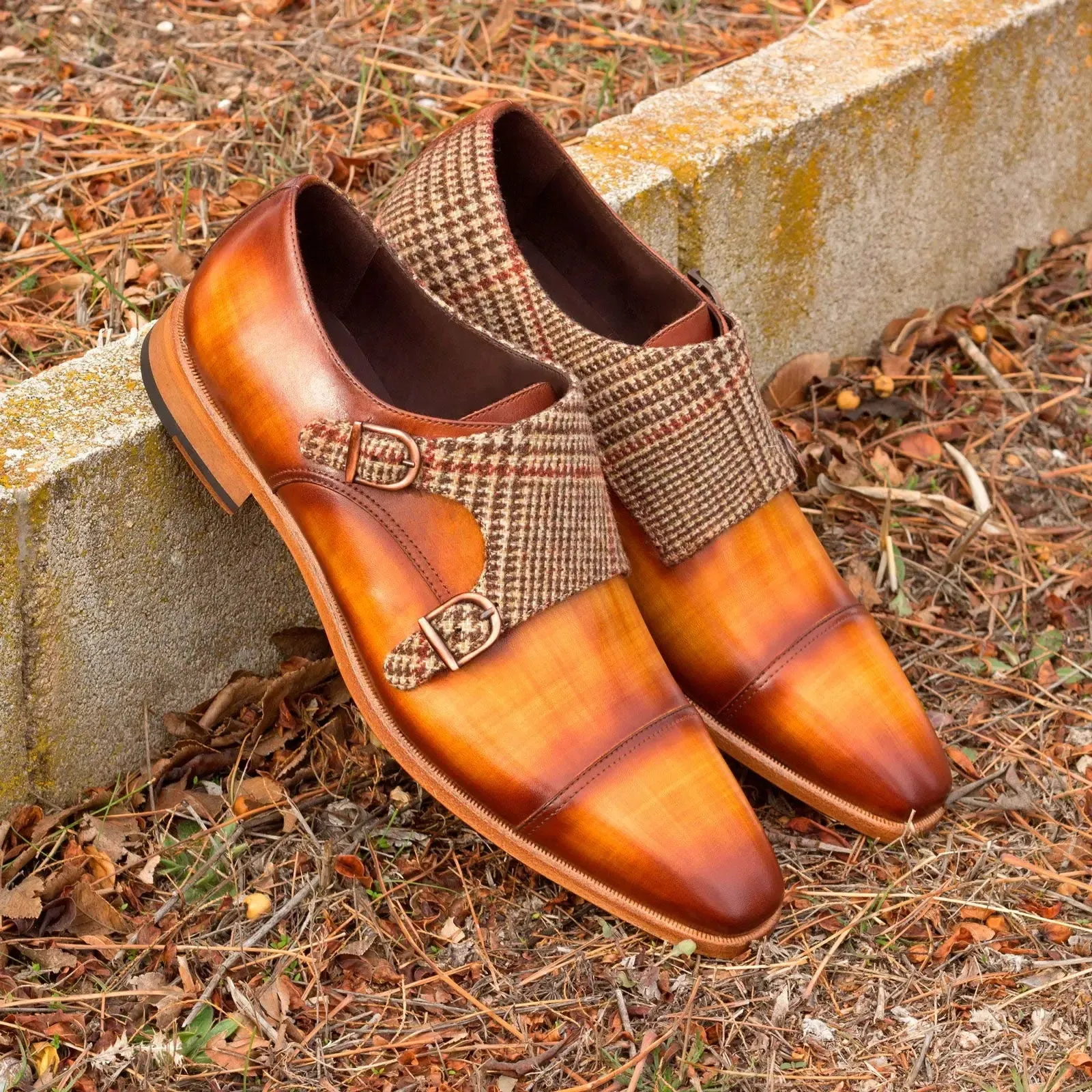 DapperFam Monaco in Tweed / Cognac Men's Sartorial & Hand-Painted Patina Double Monk