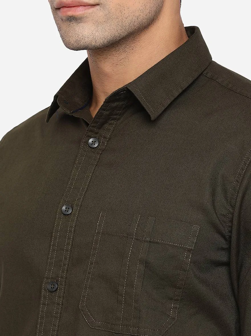 Dark Green Solid Slim Fit Semi Casual Shirt | Greenfibre