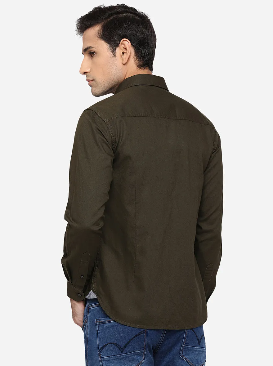 Dark Green Solid Slim Fit Semi Casual Shirt | Greenfibre