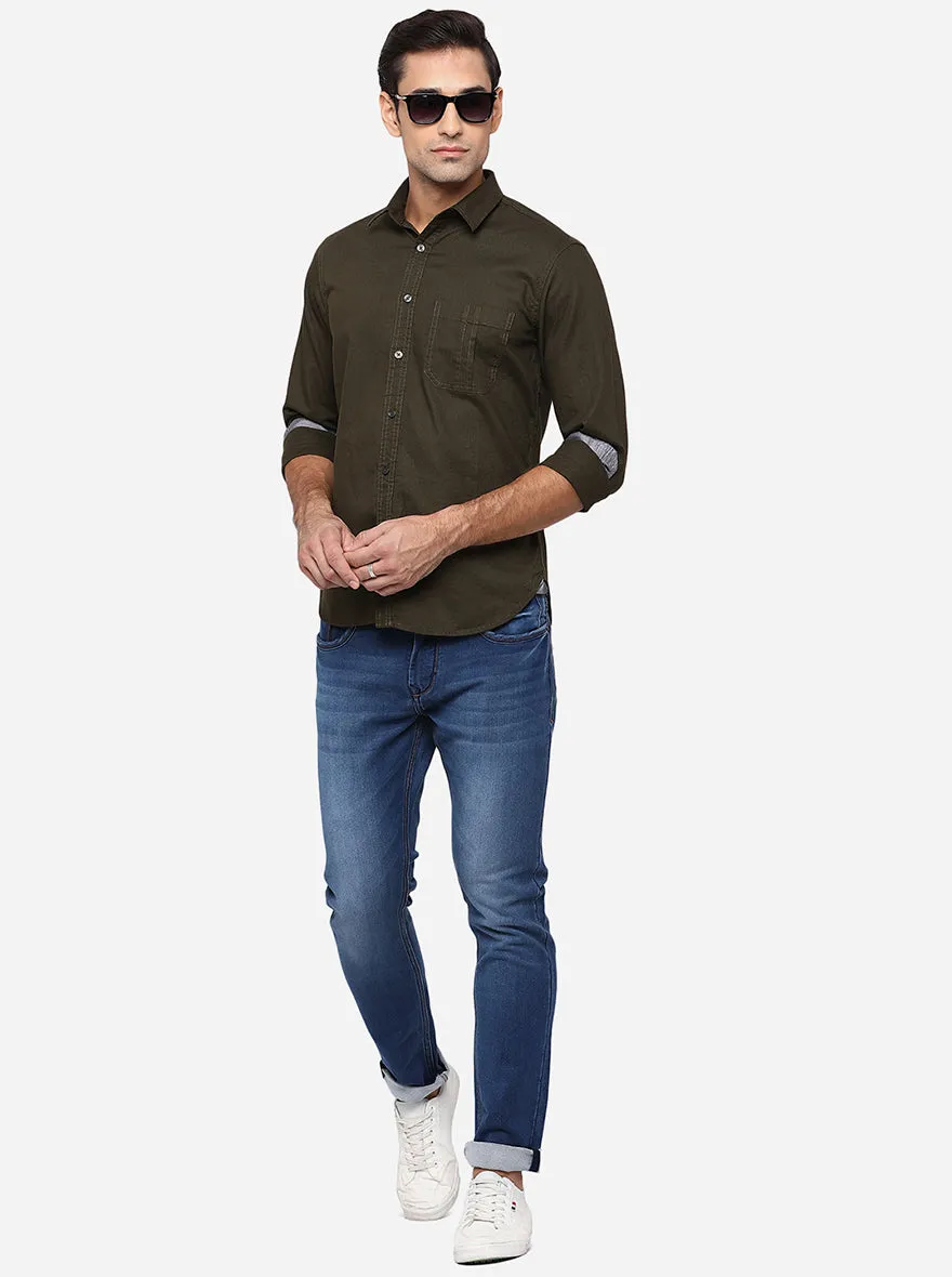 Dark Green Solid Slim Fit Semi Casual Shirt | Greenfibre