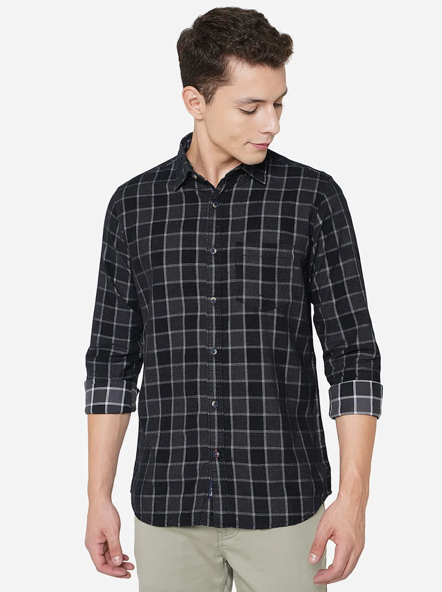 Dark Grey Checked Slim Fit Semi Casual Shirt | JadeBlue