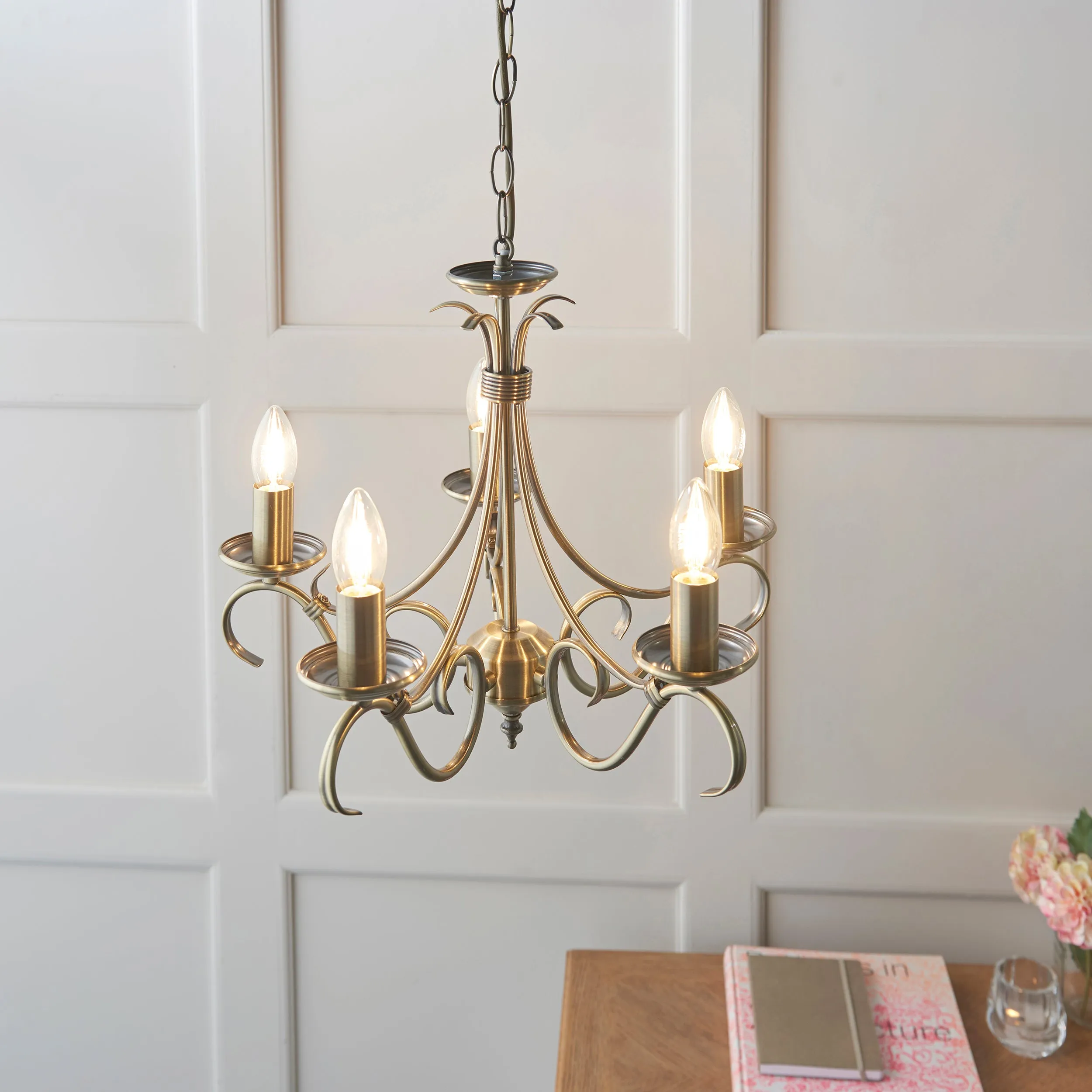 Endon 2030-5AN Bernice 5lt Pendant Antique brass plate 5 x 60W E14 candle (Required)