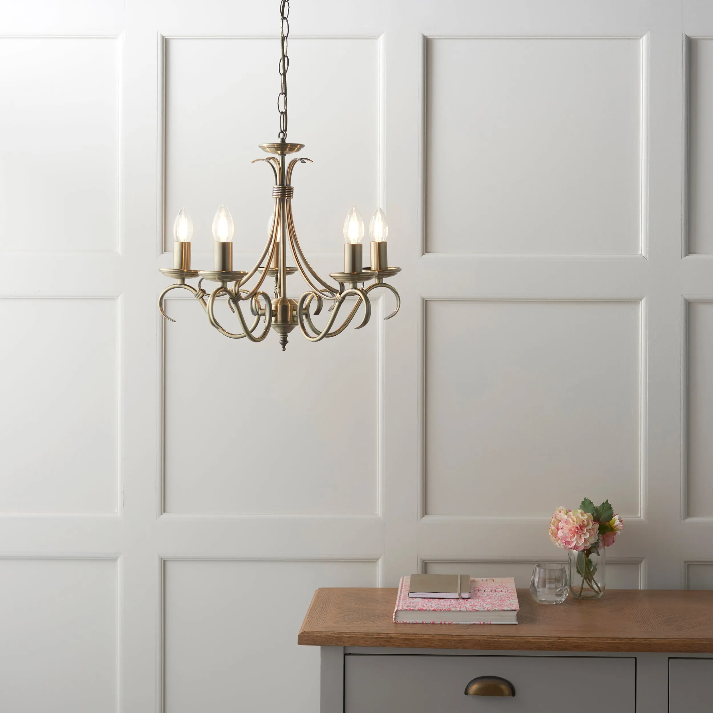 Endon 2030-5AN Bernice 5lt Pendant Antique brass plate 5 x 60W E14 candle (Required)