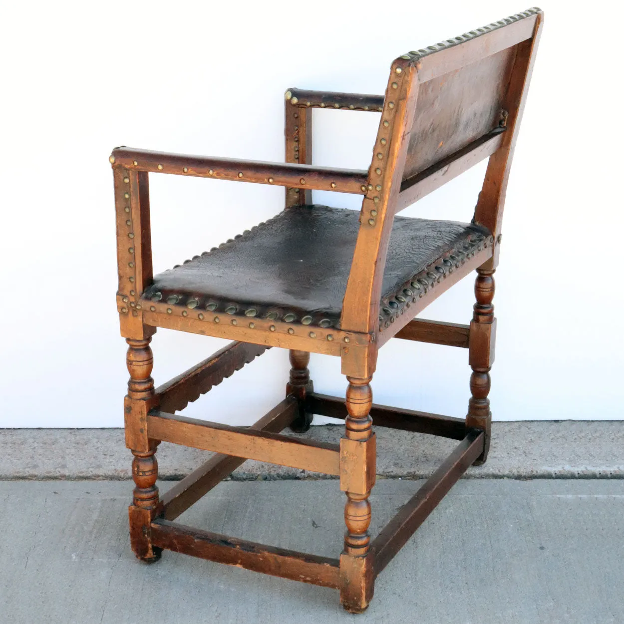 English Walnut, Beechwood and Studded Leather Armchair