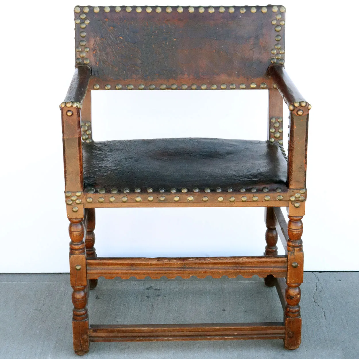 English Walnut, Beechwood and Studded Leather Armchair