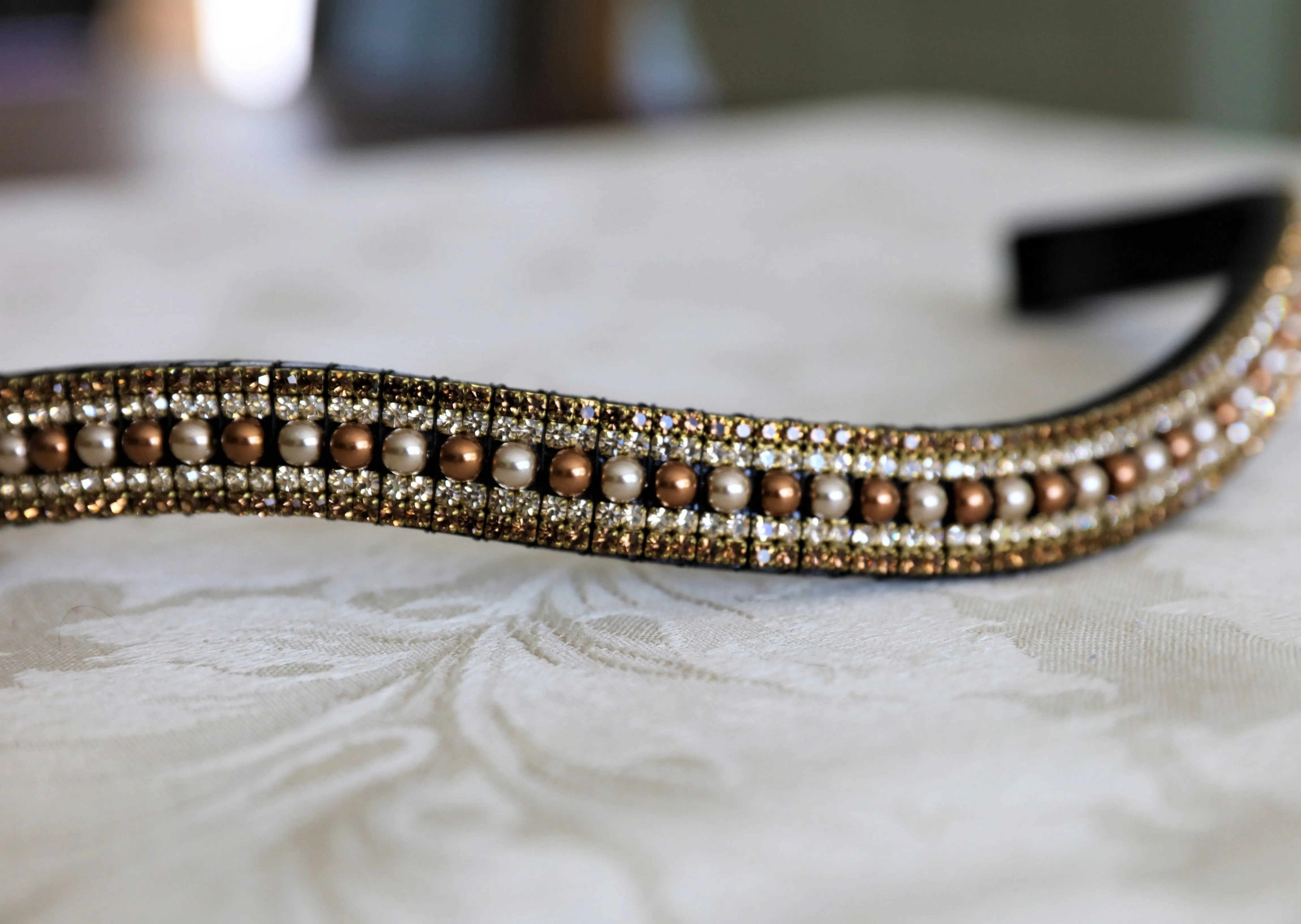 Equiture Cream and antique gold pearl, honey and smoke topaz megabling curve browband