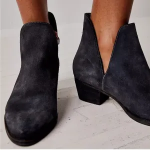 Free People Charm Double-V Ankle Bootie in Navy Suede
