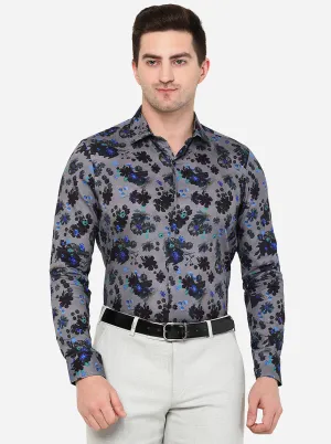 Grey & Black Printed Slim Fit Party Wear Shirt | JB Studio