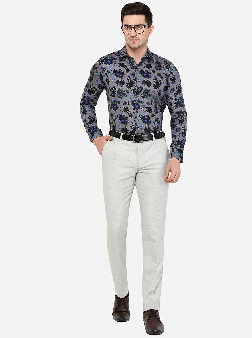 Grey & Black Printed Slim Fit Party Wear Shirt | JB Studio