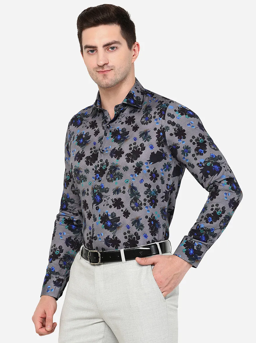 Grey & Black Printed Slim Fit Party Wear Shirt | JB Studio