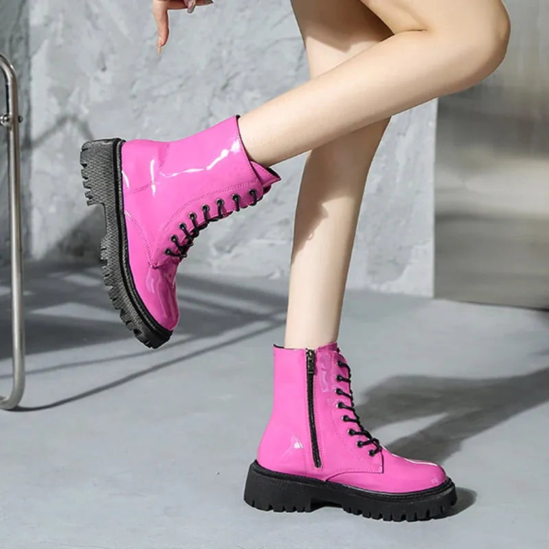 Lace Up Faux Leather Ankle Boots