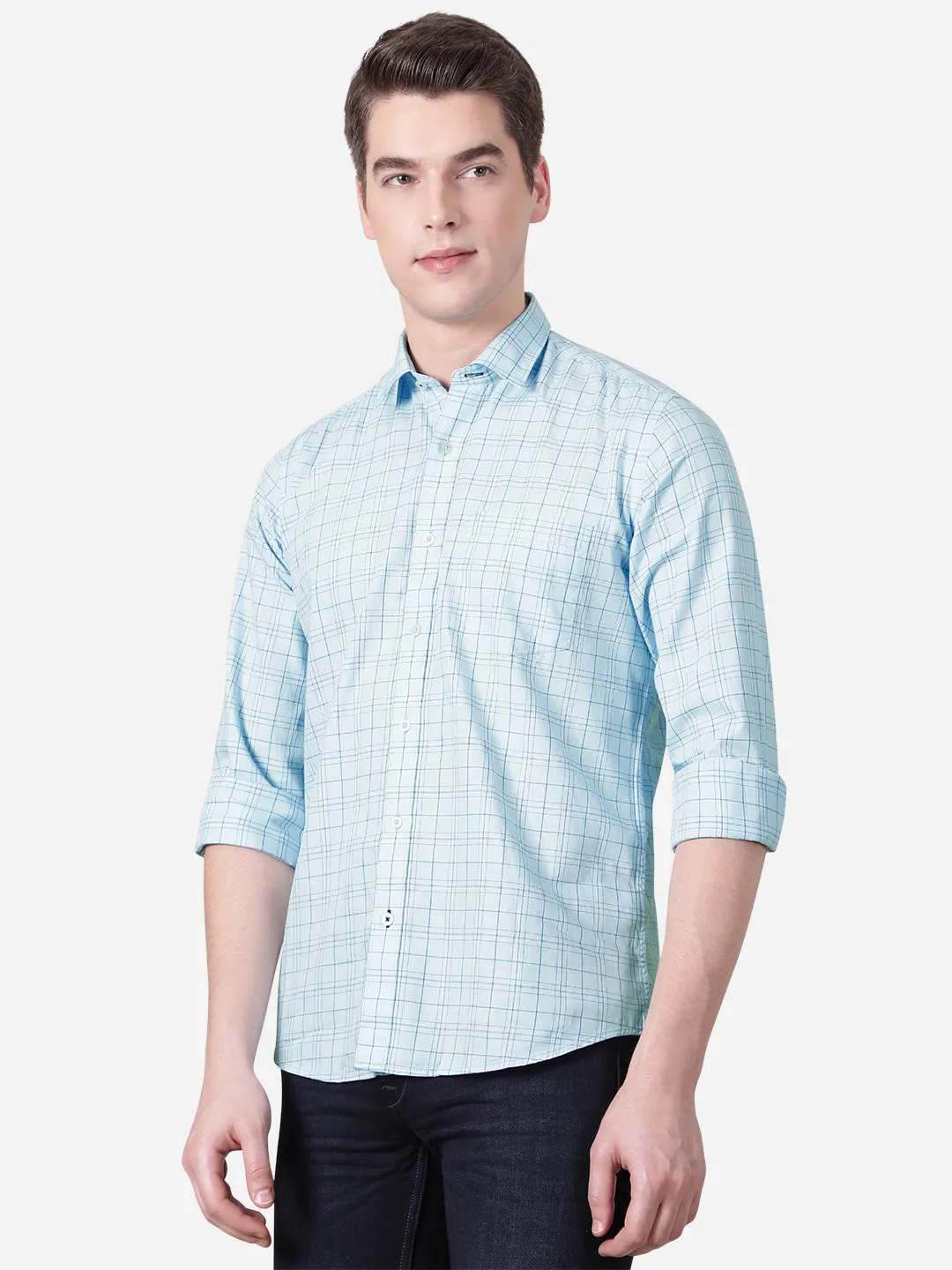 Light Blue Checked Slim Fit Casual Shirt | JadeBlue