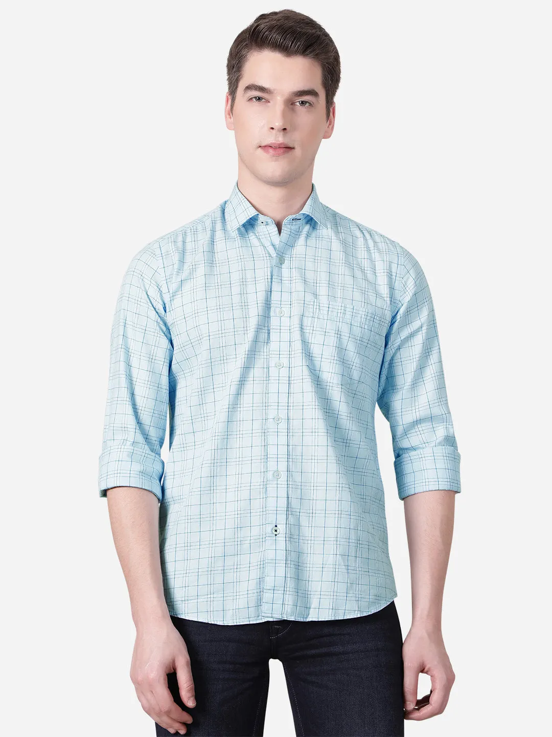 Light Blue Checked Slim Fit Casual Shirt | JadeBlue