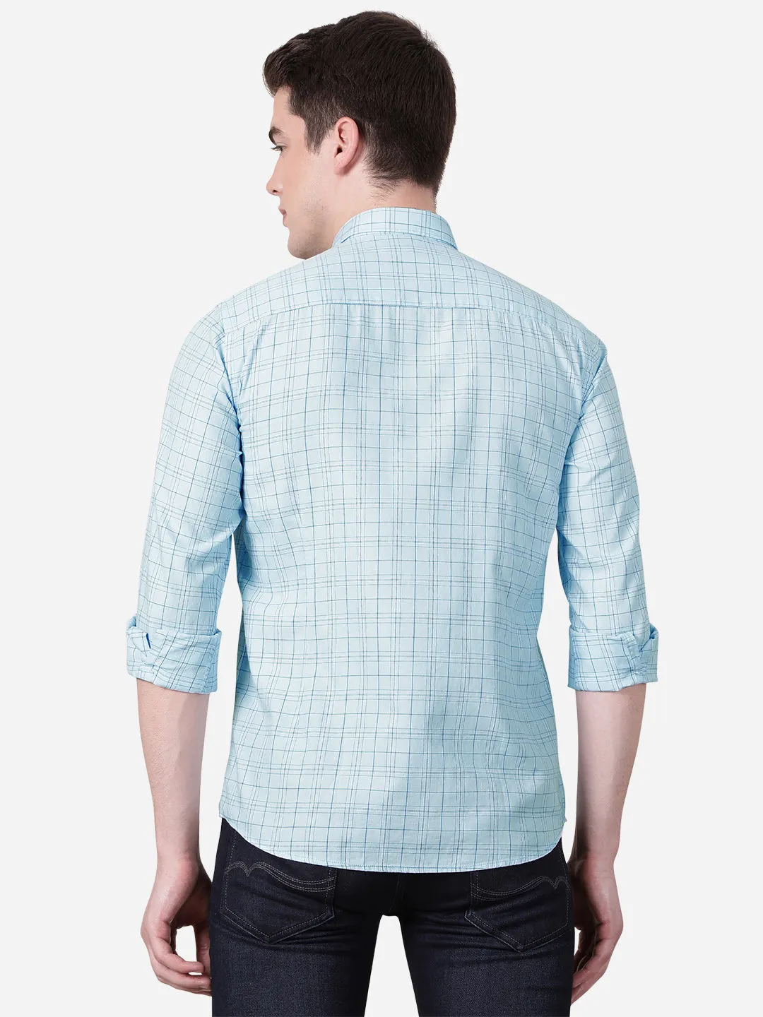 Light Blue Checked Slim Fit Casual Shirt | JadeBlue