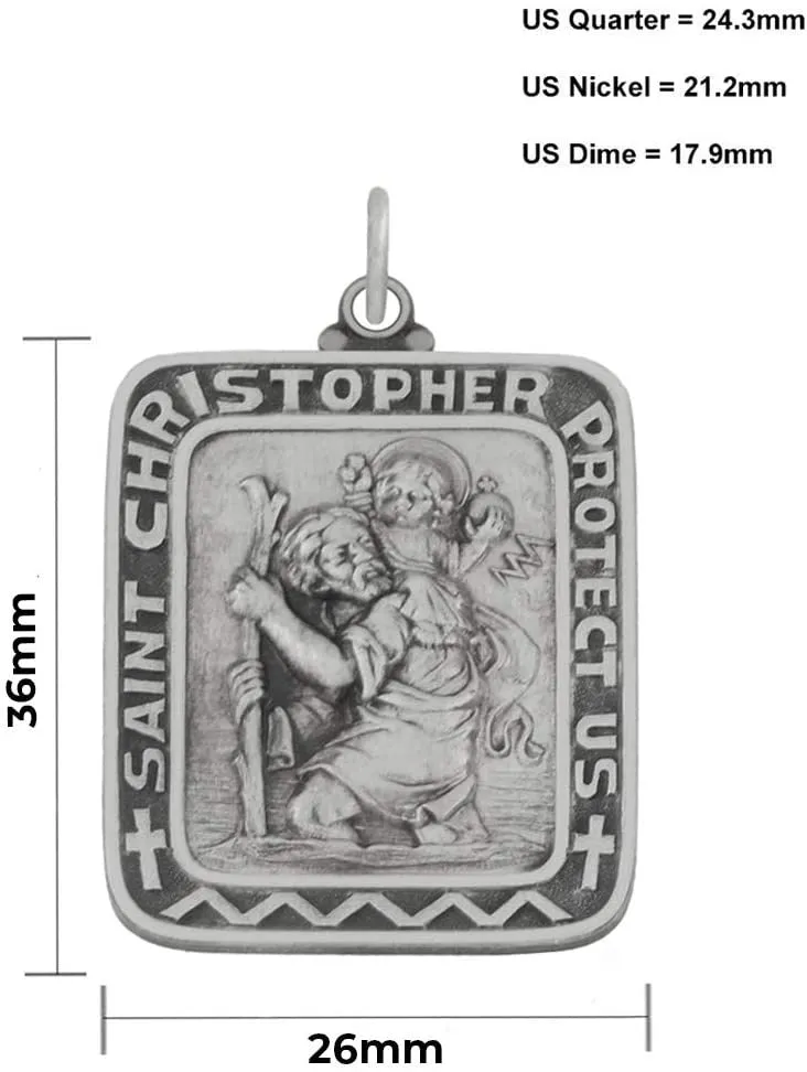 Men 925 Sterling Silver 36mm Saint Christopher Medal Pendant Necklace