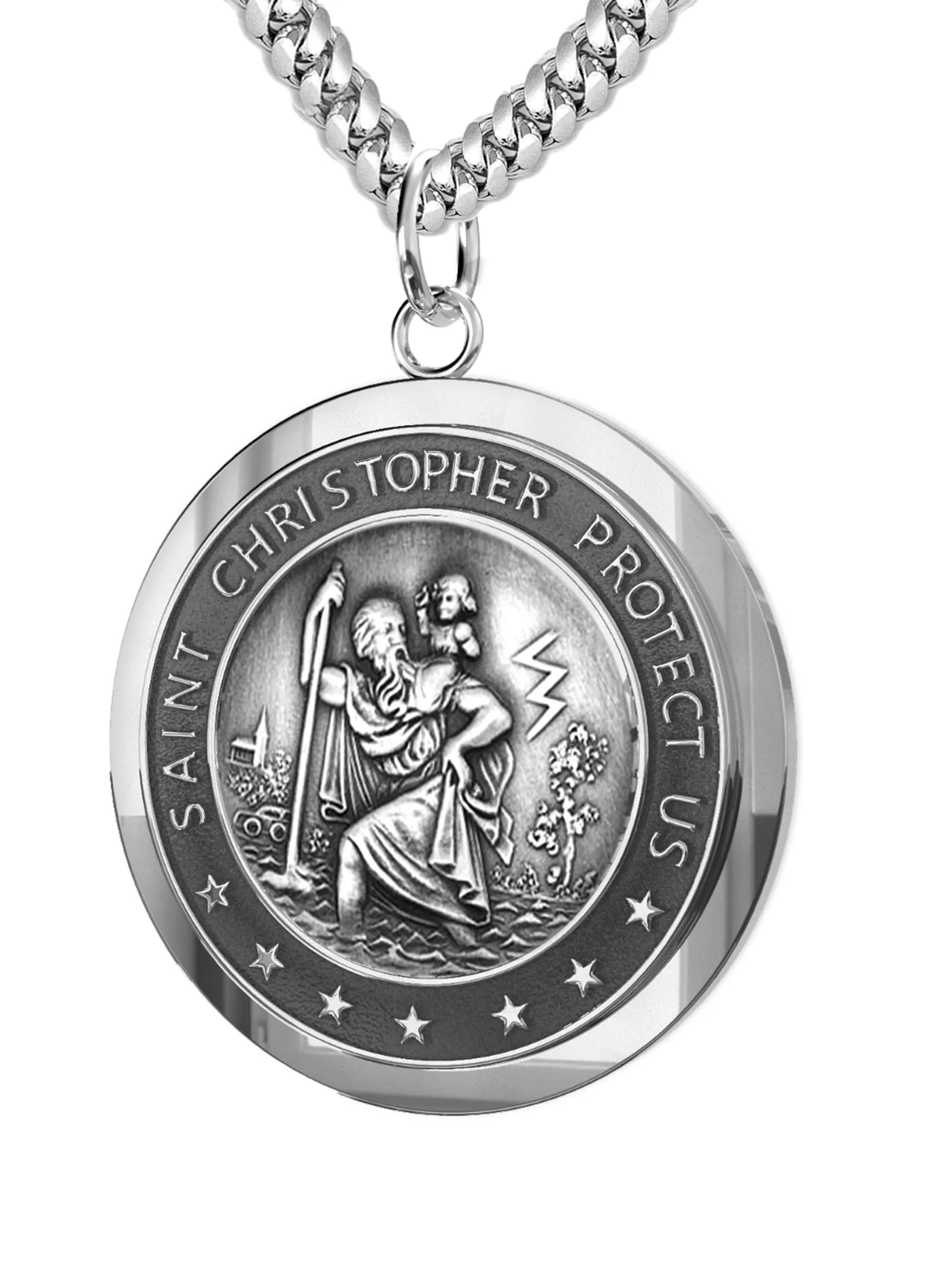 Men's 925 Sterling Silver Saint Christopher Round Antique Pendant Necklace, 25mm