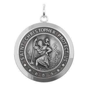 Men's 925 Sterling Silver Saint Christopher Round Antique Pendant Necklace, 25mm