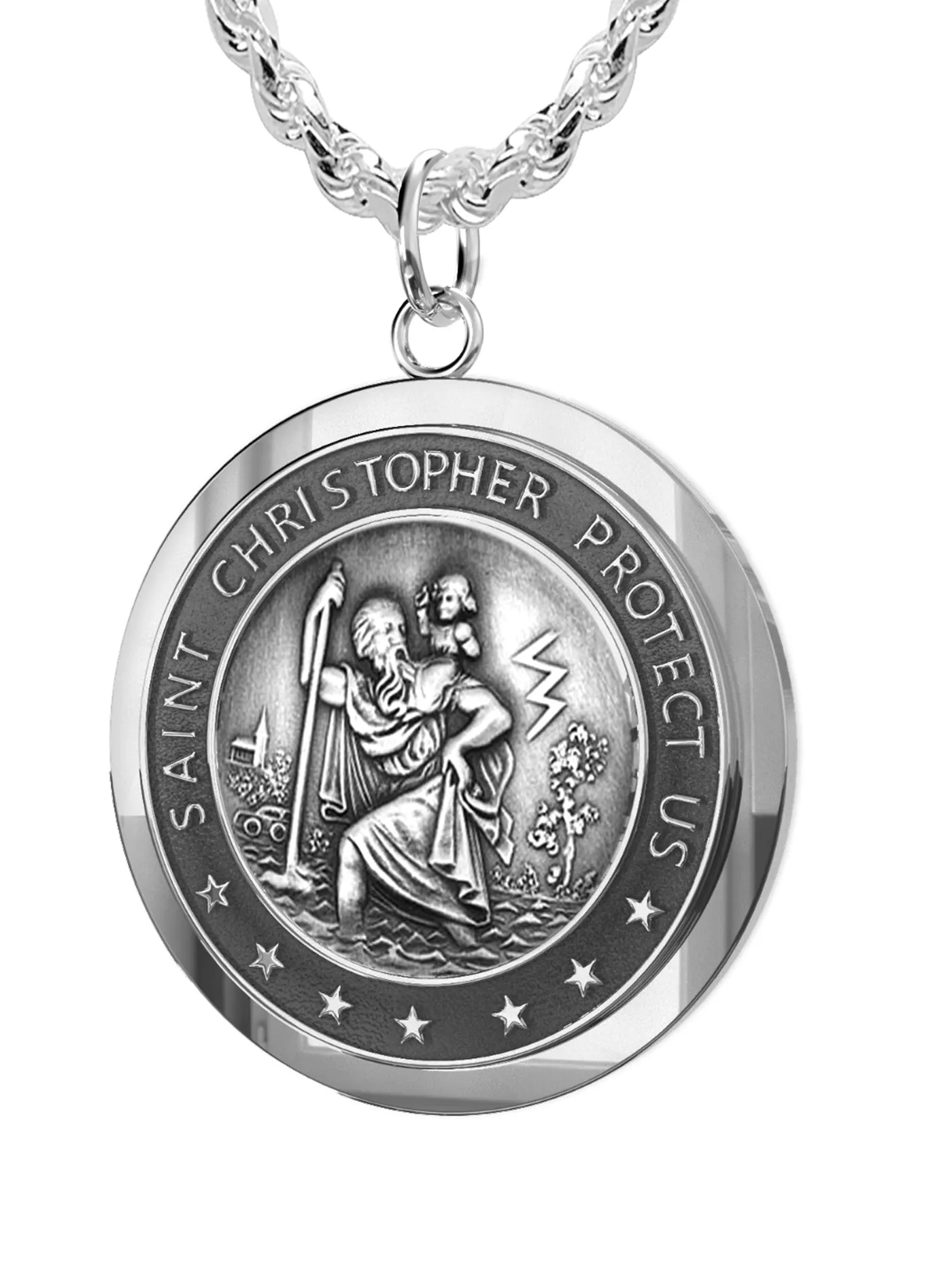 Men's 925 Sterling Silver Saint Christopher Round Antique Pendant Necklace, 25mm