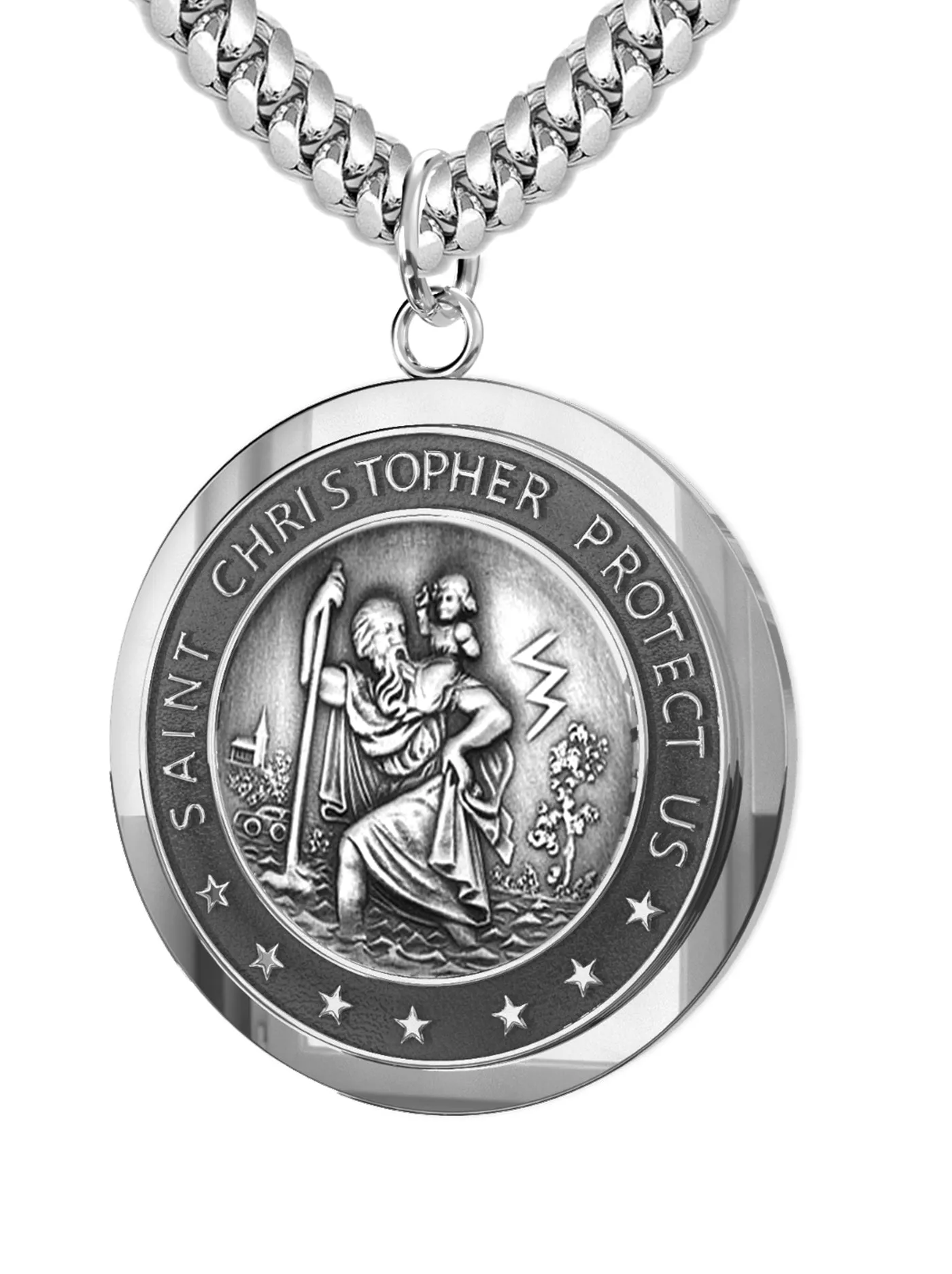 Men's 925 Sterling Silver Saint Christopher Round Antique Pendant Necklace, 25mm