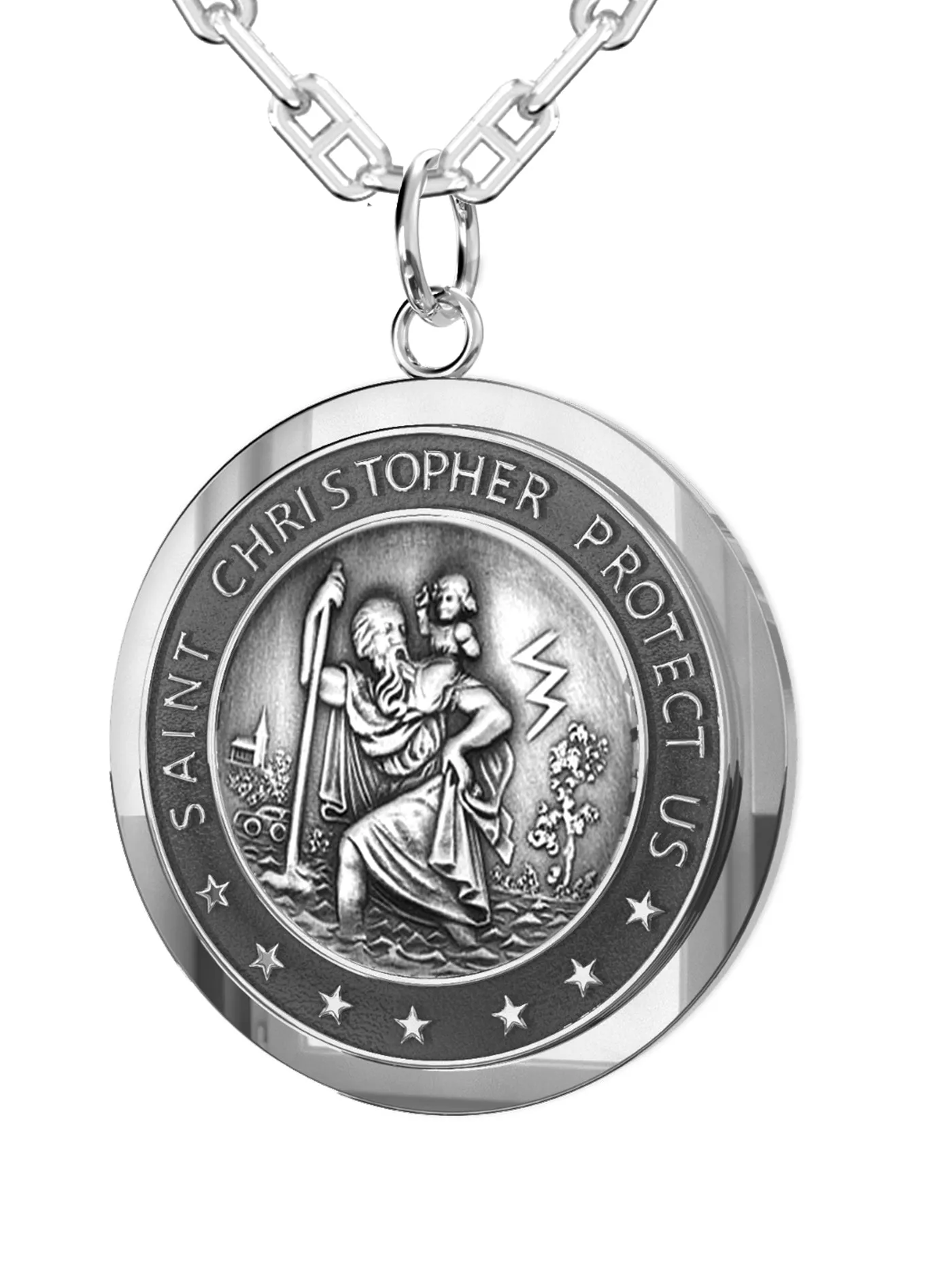 Men's 925 Sterling Silver Saint Christopher Round Antique Pendant Necklace, 25mm