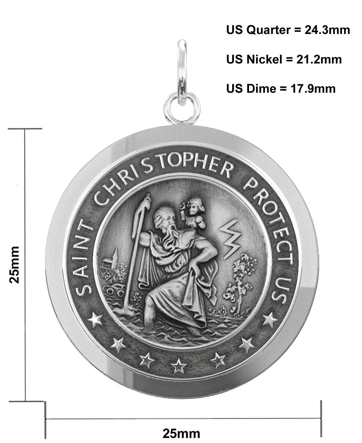 Men's 925 Sterling Silver Saint Christopher Round Antique Pendant Necklace, 25mm