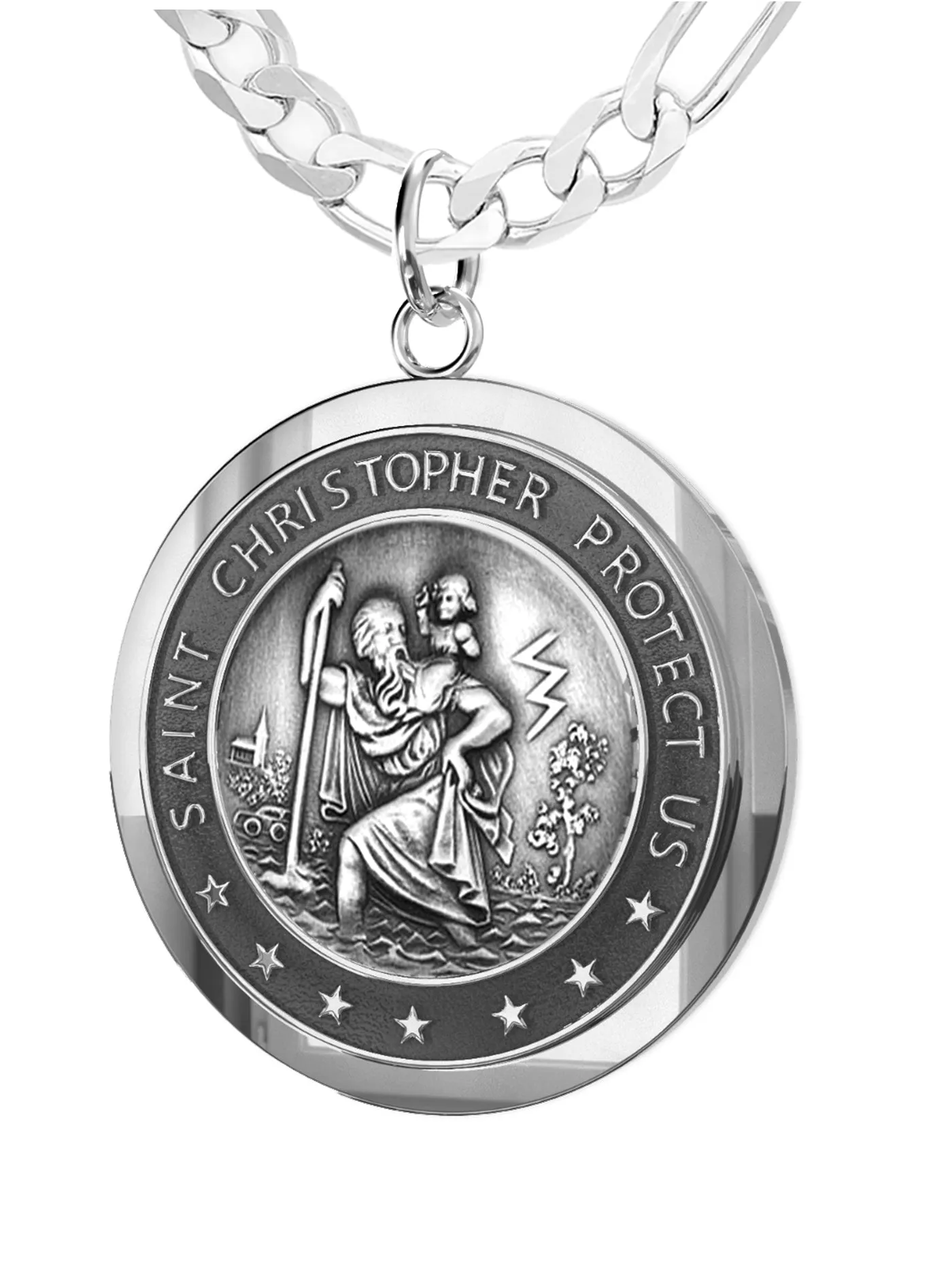 Men's 925 Sterling Silver Saint Christopher Round Antique Pendant Necklace, 25mm