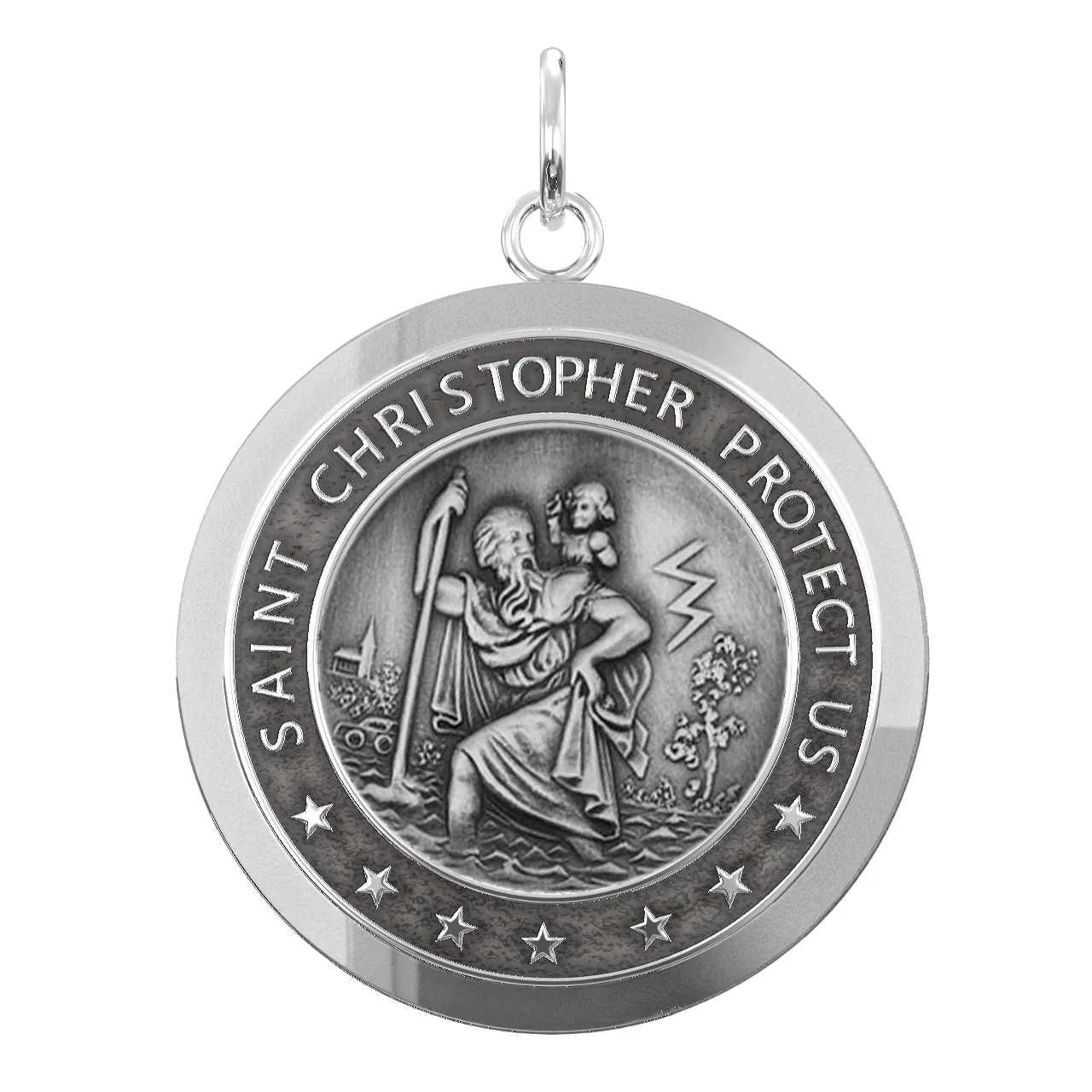 Men's 925 Sterling Silver Saint Christopher Round Antique Pendant Necklace, 25mm