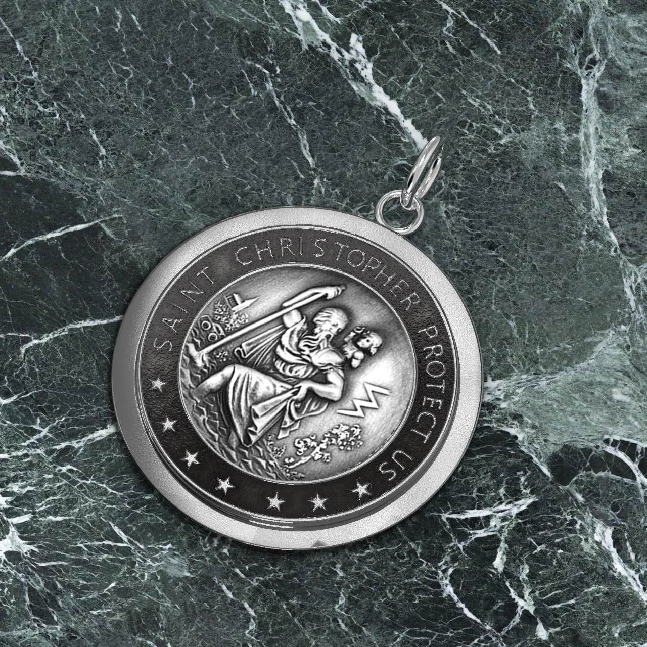 Men's 925 Sterling Silver Saint Christopher Round Antique Pendant Necklace, 25mm