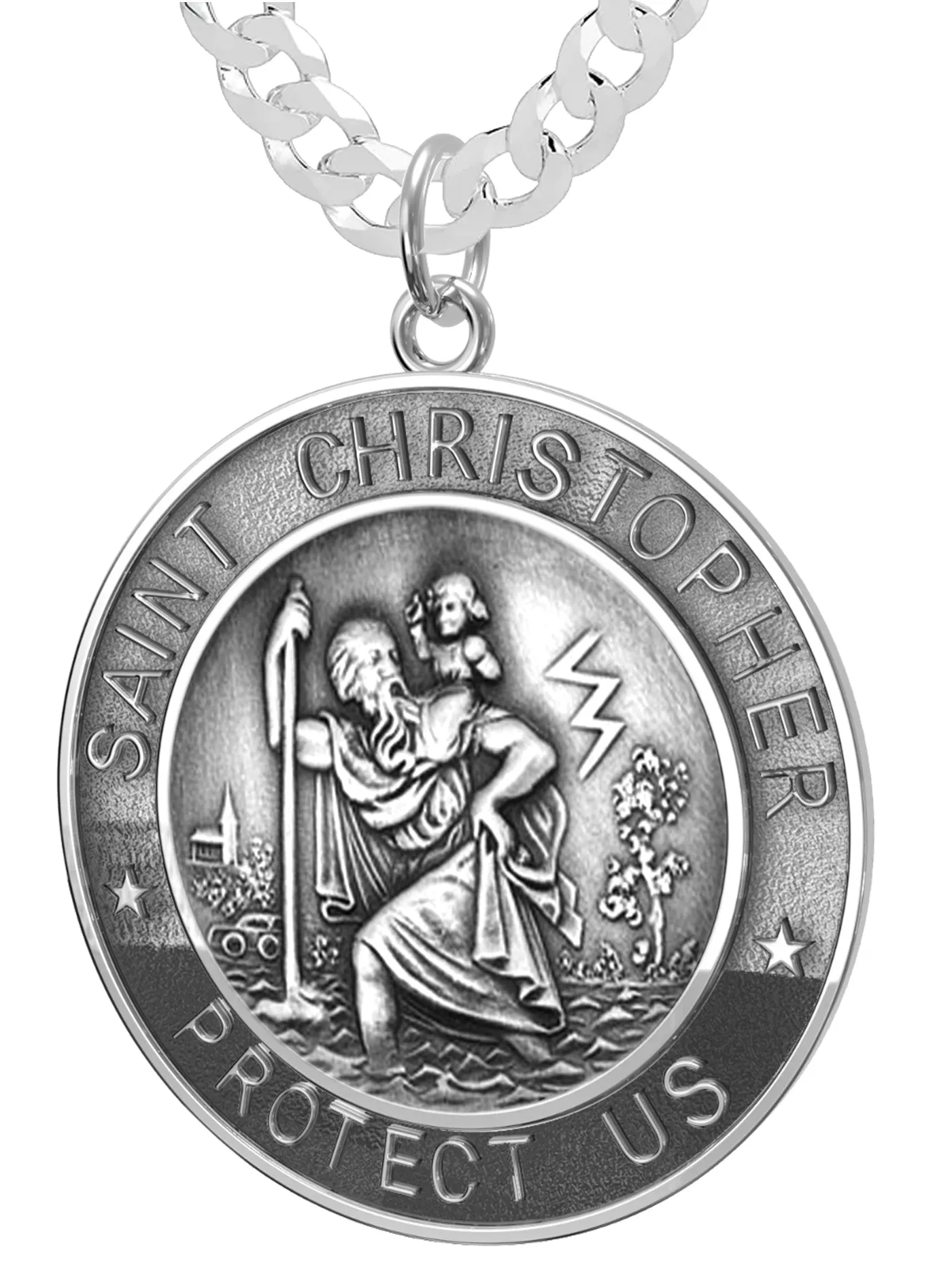 Men's 925 Sterling Silver Saint Christopher Round Antique Pendant Necklace, 33mm
