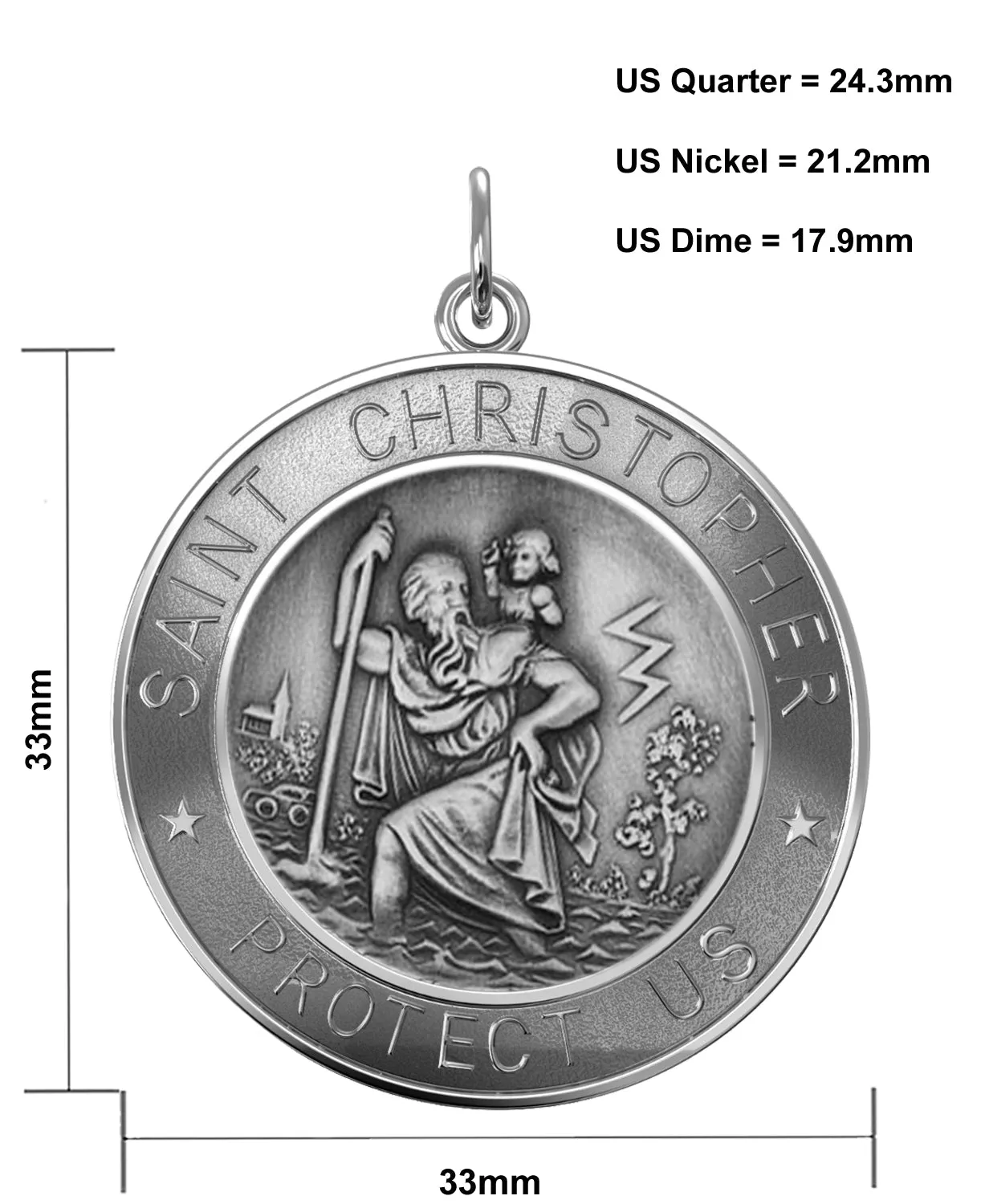 Men's 925 Sterling Silver Saint Christopher Round Antique Pendant Necklace, 33mm