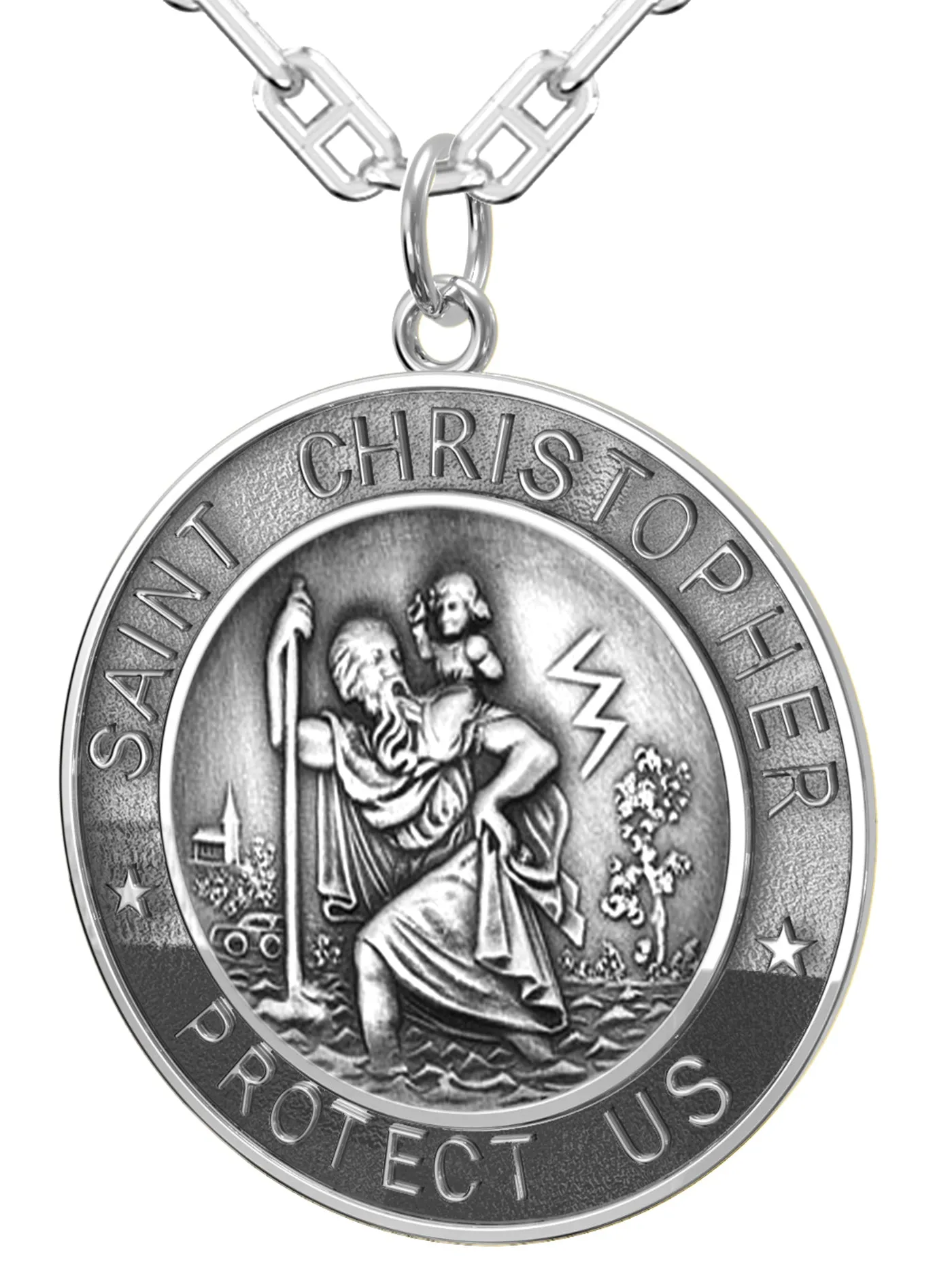 Men's 925 Sterling Silver Saint Christopher Round Antique Pendant Necklace, 33mm