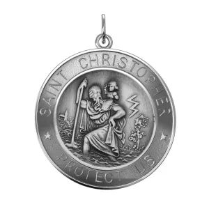 Men's 925 Sterling Silver Saint Christopher Round Antique Pendant Necklace, 33mm