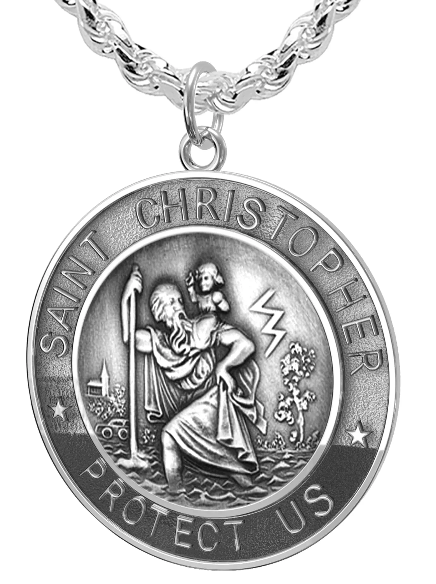 Men's 925 Sterling Silver Saint Christopher Round Antique Pendant Necklace, 33mm