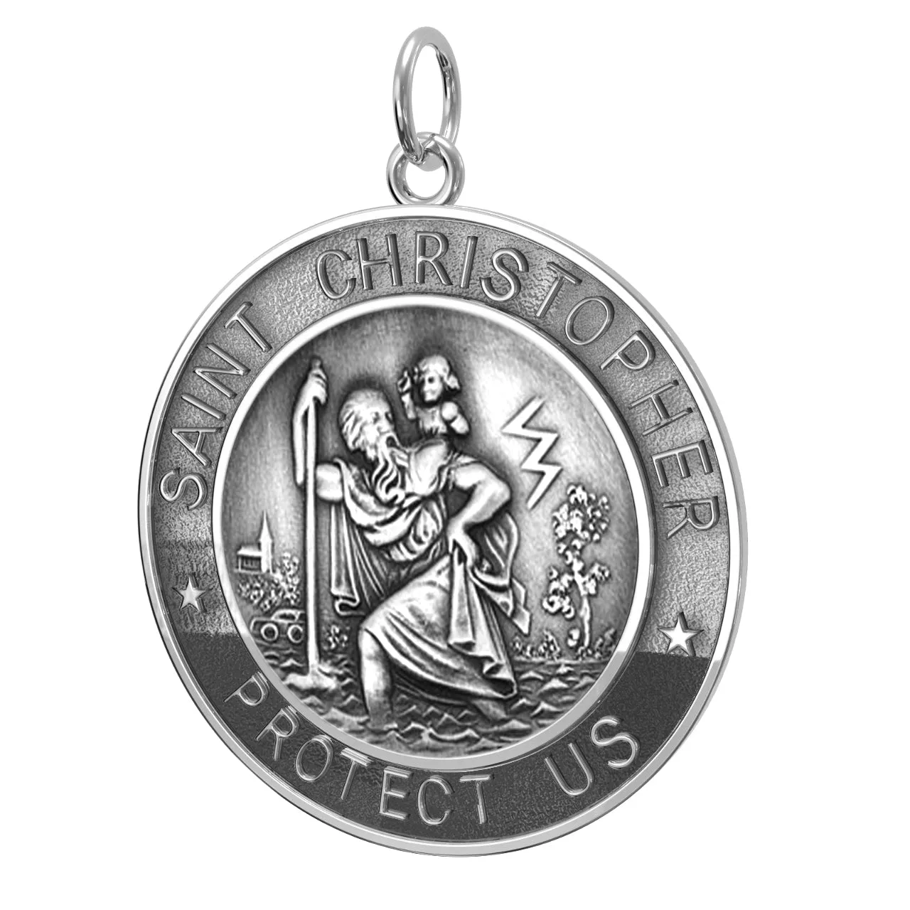 Men's 925 Sterling Silver Saint Christopher Round Antique Pendant Necklace, 33mm
