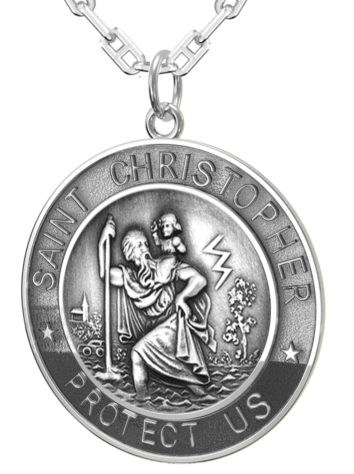 Men's 925 Sterling Silver Saint Christopher Round Antique Pendant Necklace, 33mm