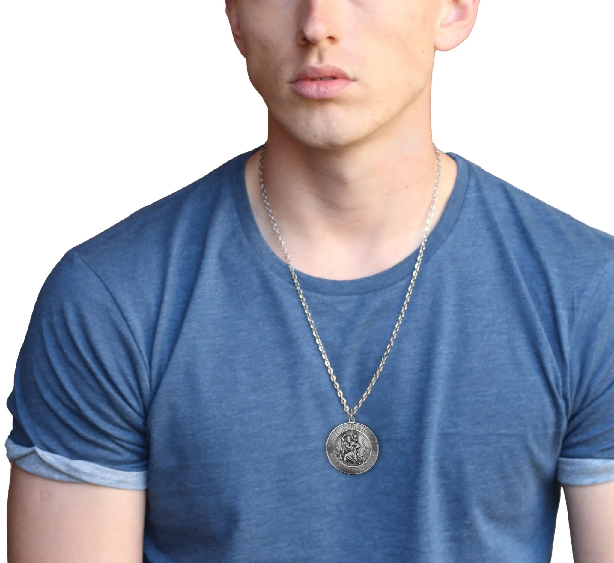 Men's 925 Sterling Silver Saint Christopher Round Antique Pendant Necklace, 33mm