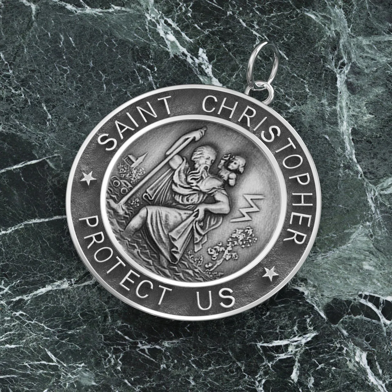 Men's 925 Sterling Silver Saint Christopher Round Antique Pendant Necklace, 33mm