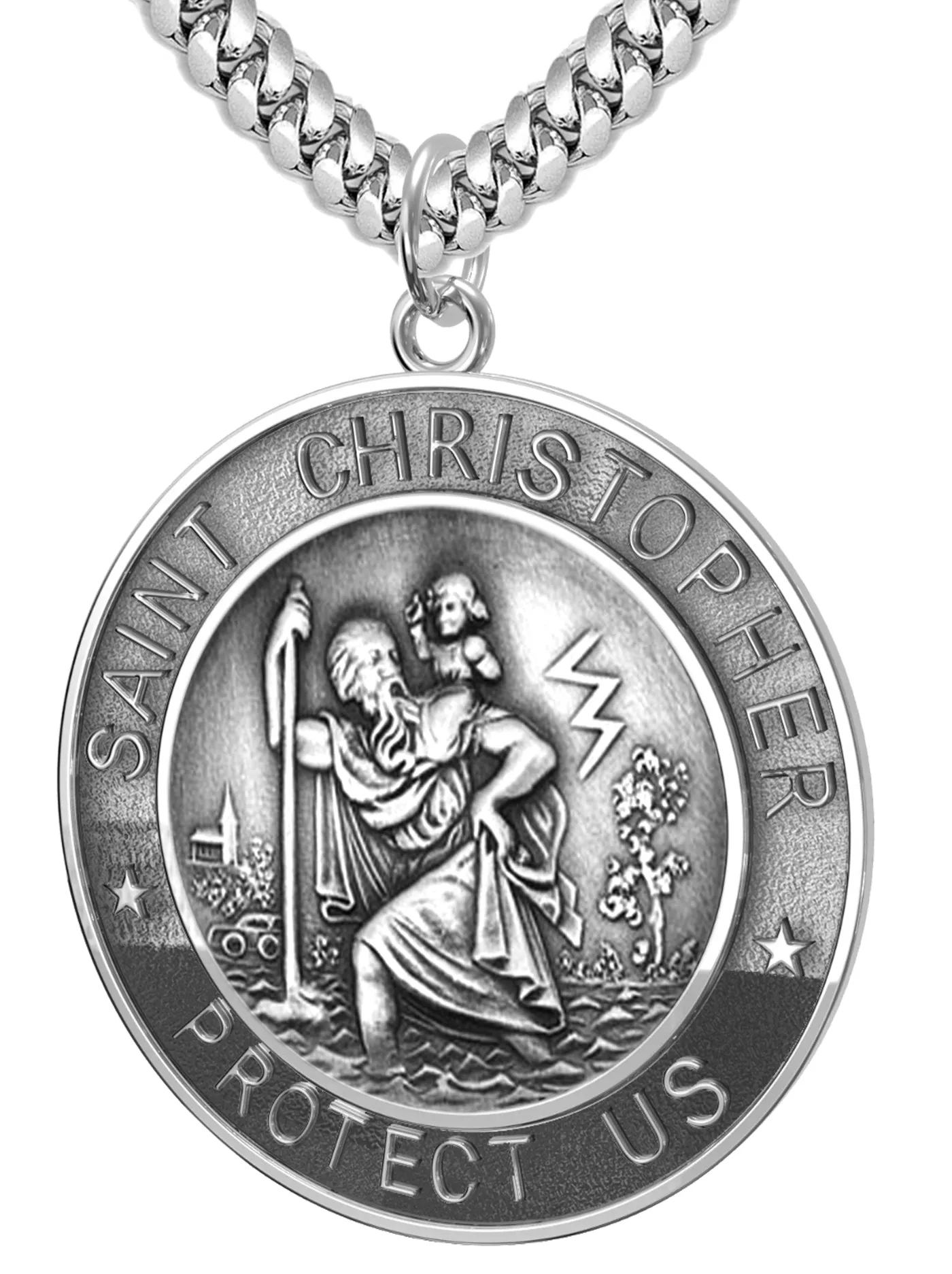 Men's 925 Sterling Silver Saint Christopher Round Antique Pendant Necklace, 33mm