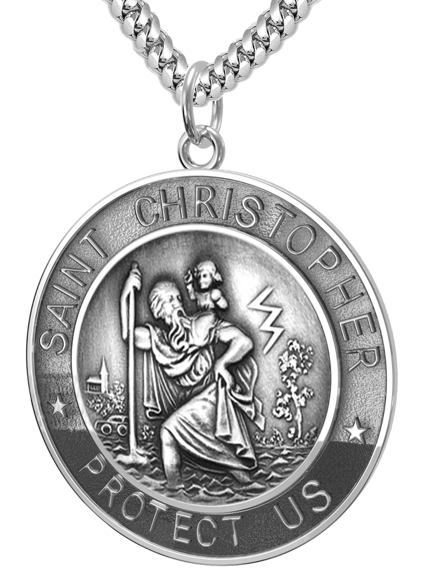 Men's 925 Sterling Silver Saint Christopher Round Antique Pendant Necklace, 33mm