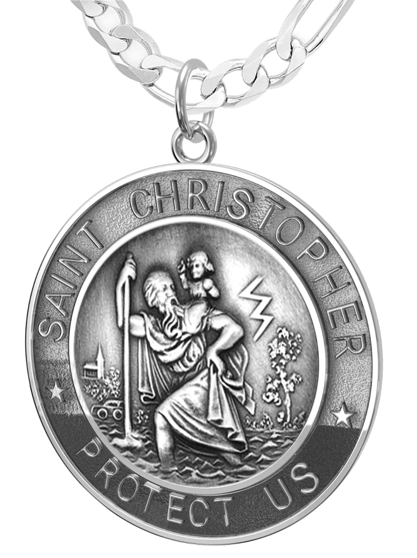 Men's 925 Sterling Silver Saint Christopher Round Antique Pendant Necklace, 33mm