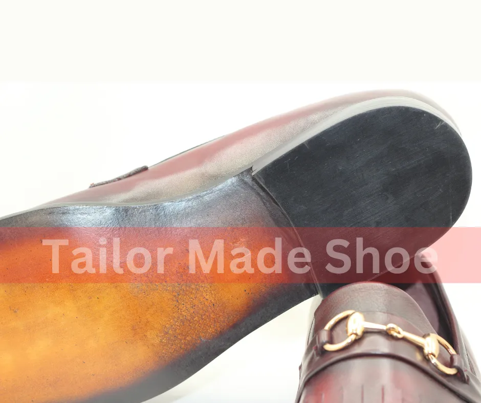 Men’s Bespoke Leather Shoes – Burgundy Loafers with Fringe Detail Handmade Burgundy Leather Loafers with Gold Buckle Detail
