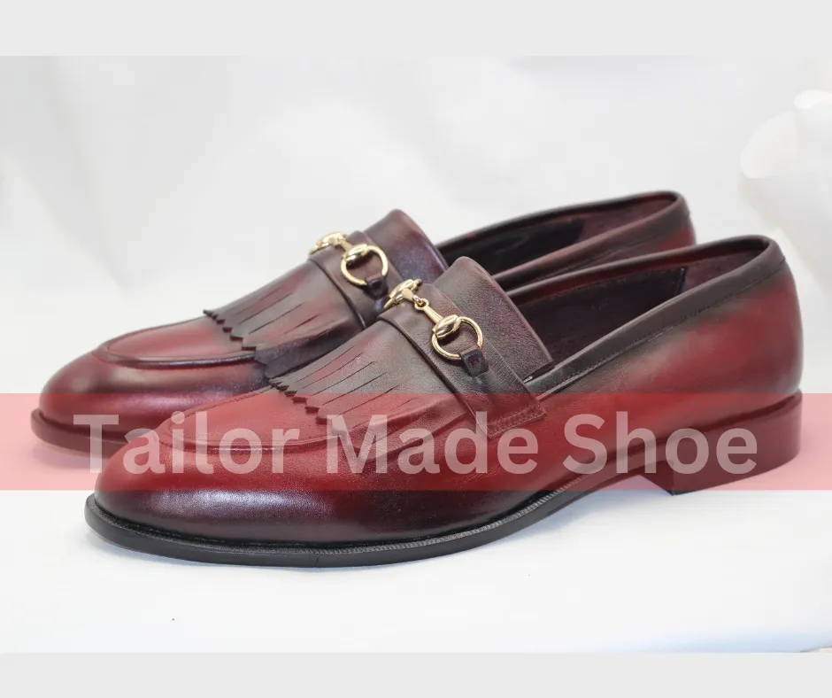 Men’s Bespoke Leather Shoes – Burgundy Loafers with Fringe Detail Handmade Burgundy Leather Loafers with Gold Buckle Detail