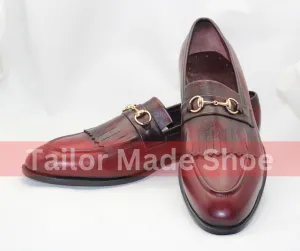 Men’s Bespoke Leather Shoes – Burgundy Loafers with Fringe Detail Handmade Burgundy Leather Loafers with Gold Buckle Detail