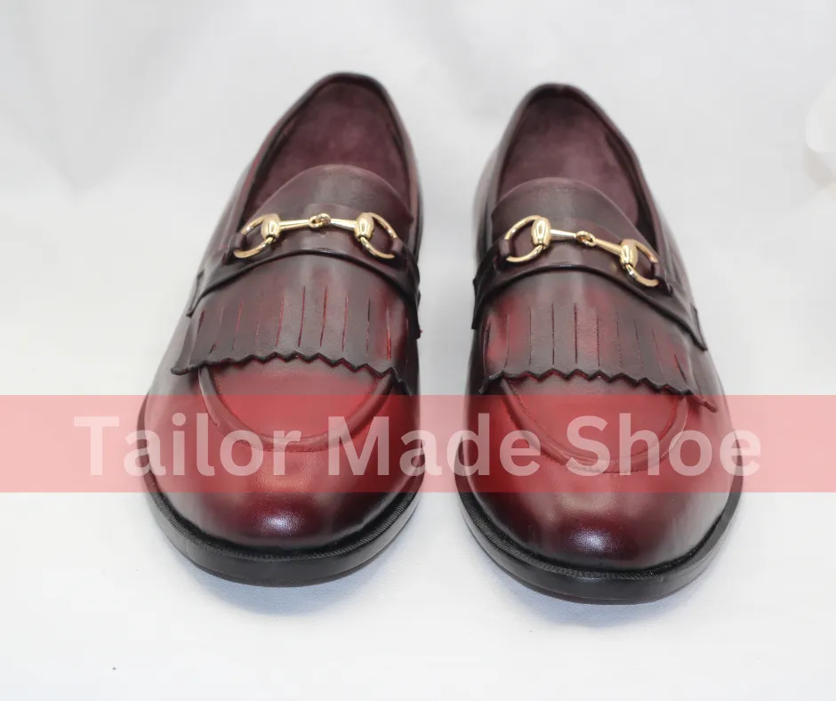Men’s Bespoke Leather Shoes – Burgundy Loafers with Fringe Detail Handmade Burgundy Leather Loafers with Gold Buckle Detail